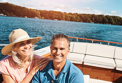 Buy stock photo Boat, cruise or travel with mature couple at sea together for holiday, getaway or vacation for anniversary. Love, smile or yacht with happy man and woman on water for bonding, romance or voyage