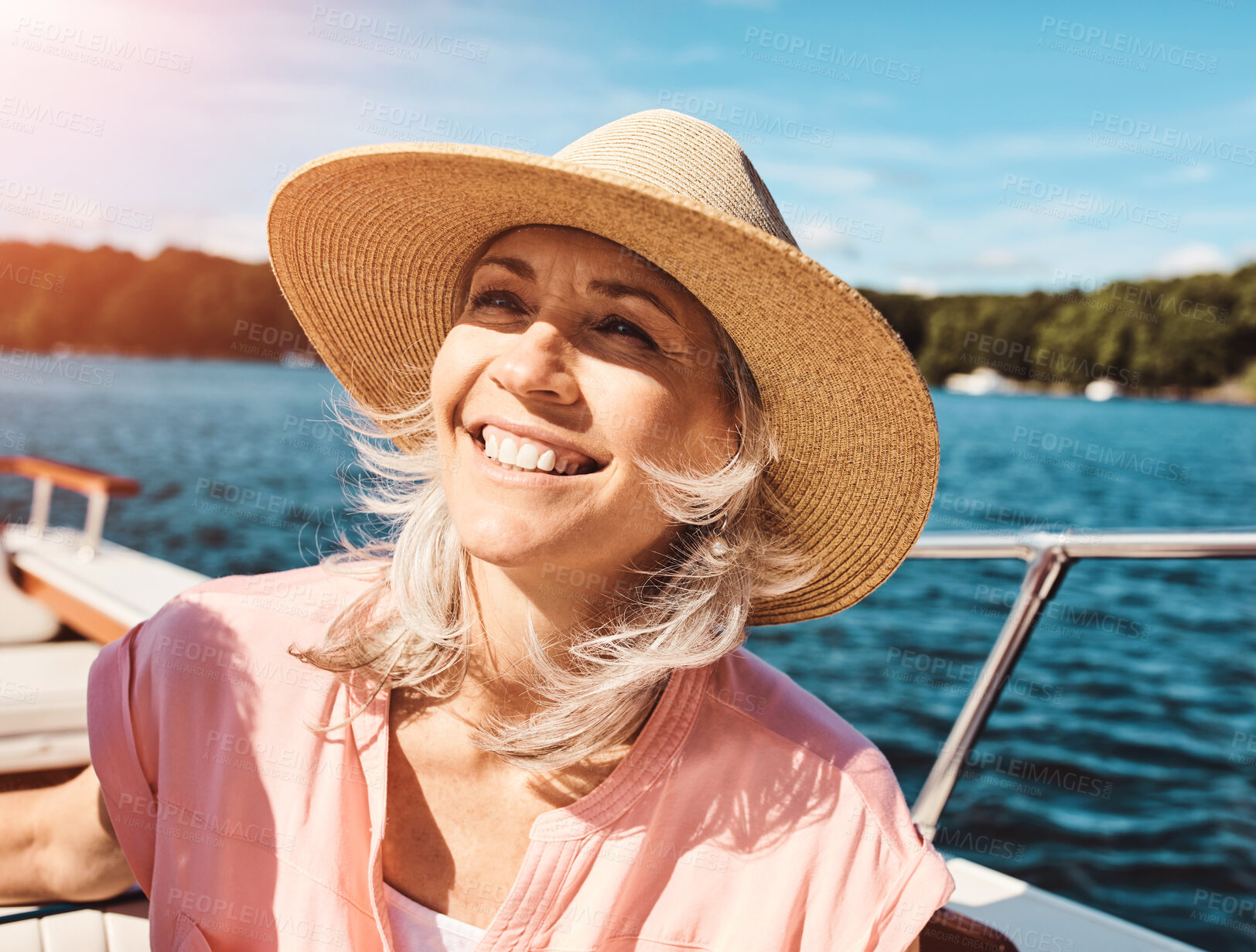 Buy stock photo Mature woman, retirement and boat cruise for travel, leisure and holiday on ocean with relax. Female person, journey and happy on luxury yacht at sea for view, vacation or tropical adventure sailing