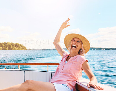 Buy stock photo Travel, freedom and celebration with woman on boat for sailing, adventure and summer vacation. Smile, journey and exited with tourist and laughing on deck of yacht for tropical, cruise and holiday