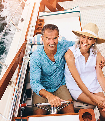 Buy stock photo Boat, date and romance with mature couple on ocean or sea from above for travel and vacation. Holiday, love or luxury with man and woman riding in yacht together for adventure, journey or trip