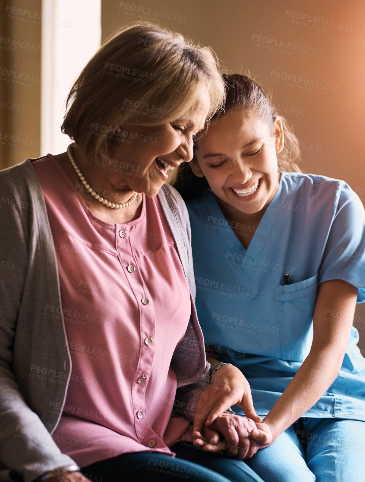 Buy stock photo Nurse, senior woman and holding hands for support, comfort and compassion with happiness. Caregiver, pensioner and patient with consultation, home or empathy with trust, wellness or healthcare advice
