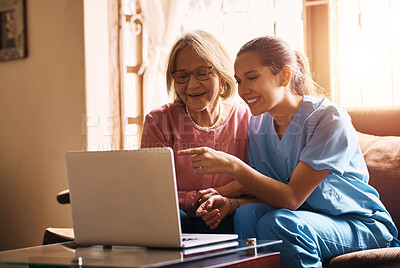 Buy stock photo Healthcare, insurance or laptop with nurse and old woman on sofa in living room of retirement home. Computer, medical or pointing and caregiver with senior patient in apartment for consulting