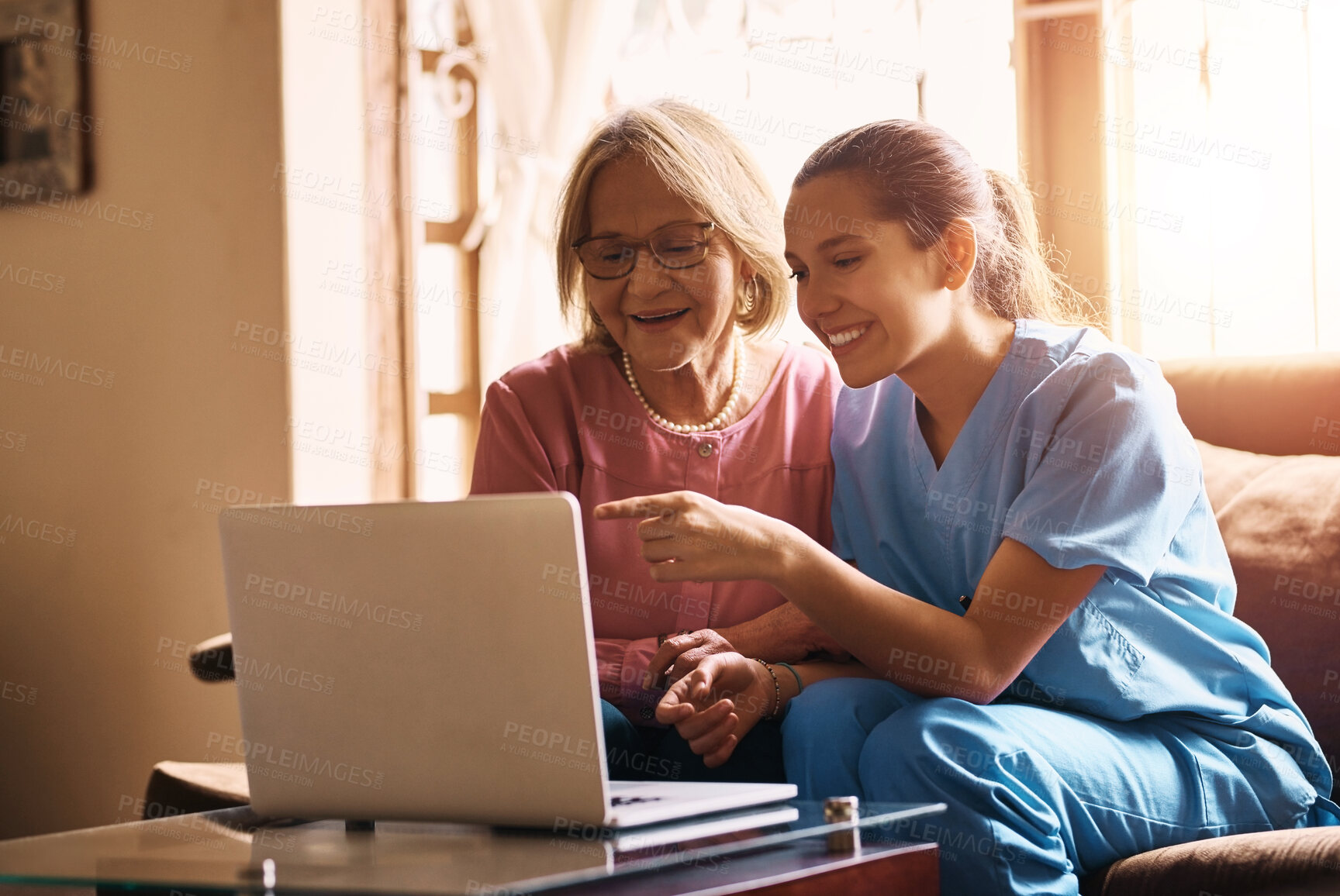 Buy stock photo Healthcare, insurance or laptop with nurse and old woman on sofa in living room of retirement home. Computer, medical or pointing and caregiver with senior patient in apartment for consulting