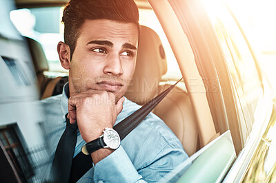 Buy stock photo Car, travel and businessman with thinking by window for corporate, job and commute to work. Company, transport and lawyer in vehicle with idea for legal career, journey or driving trip in morning