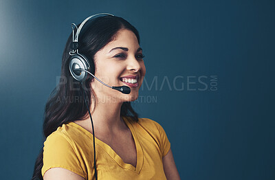 Buy stock photo Call center, customer service and woman consultant with smile for online consultation. Crm, contact us and female with headset for technical support, telemarketing or sales agent by studio background