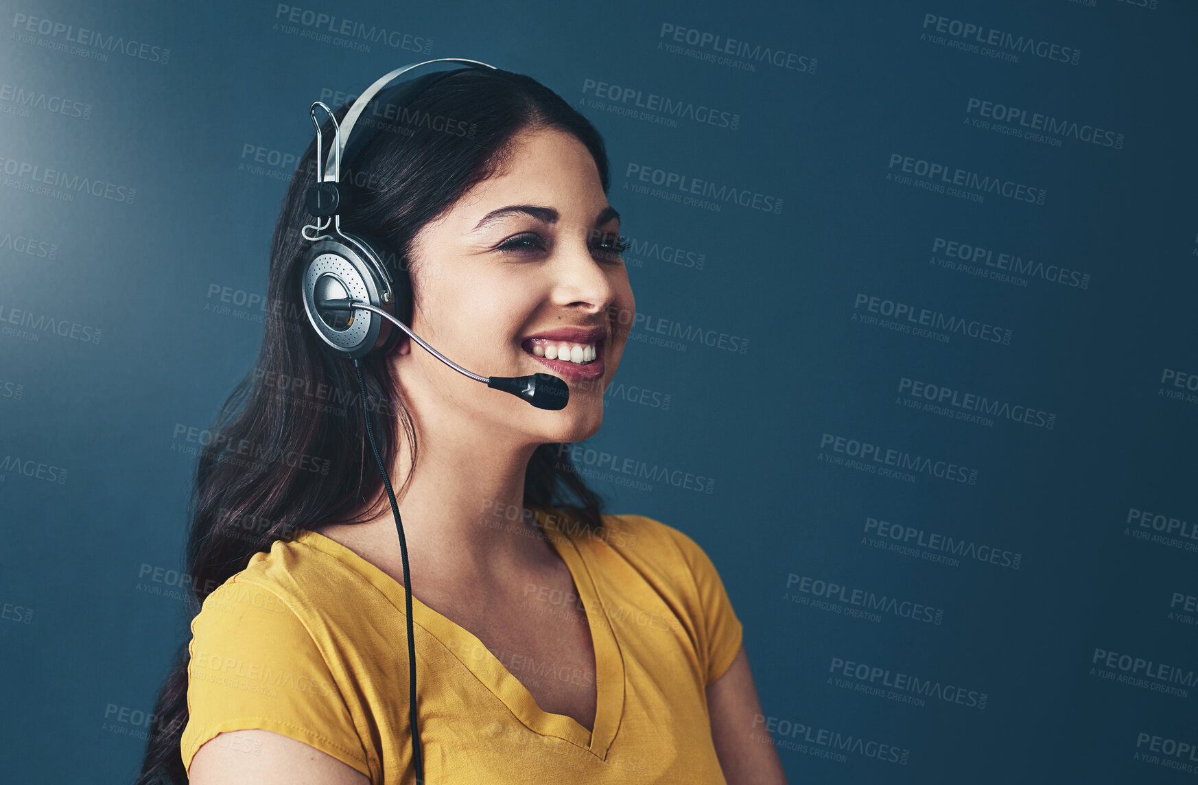 Buy stock photo Call center, customer service and woman consultant with smile for online consultation. Crm, contact us and female with headset for technical support, telemarketing or sales agent by studio background