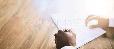 Buy stock photo Hands, document or sign at table for business, legal application for life insurance. Deal, paper and person with company contract for wellness, agreement with for future planning in banner with space