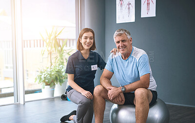 Buy stock photo Mature man, training and therapist in rehabilitation centre, physiotherapy, ball balance and exercise therapy. Portrait, woman and patient for physical wellness, anatomy recovery or mobile progress