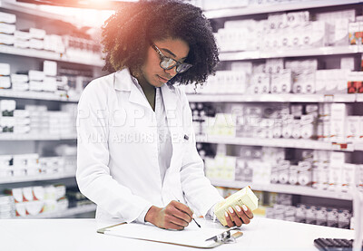 Buy stock photo Medicine, writing and black woman at pharmacy with clipboard for pills, inspection or inventory. Lens flare, product and medical professional with checklist for stock, quality assurance or drugs