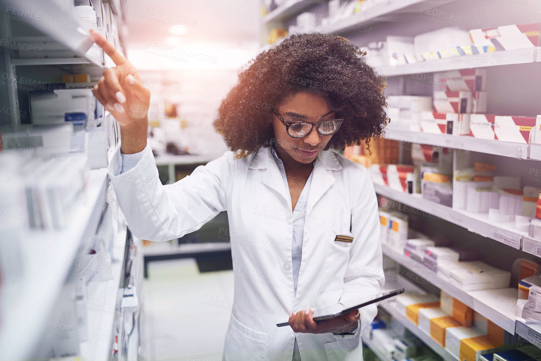 Buy stock photo Medicine, shelf and woman with tablet in pharmacy for healthcare, information and inventory update. Drugs, inspection and pharmacist with tech for medical database, storage and checklist of stock