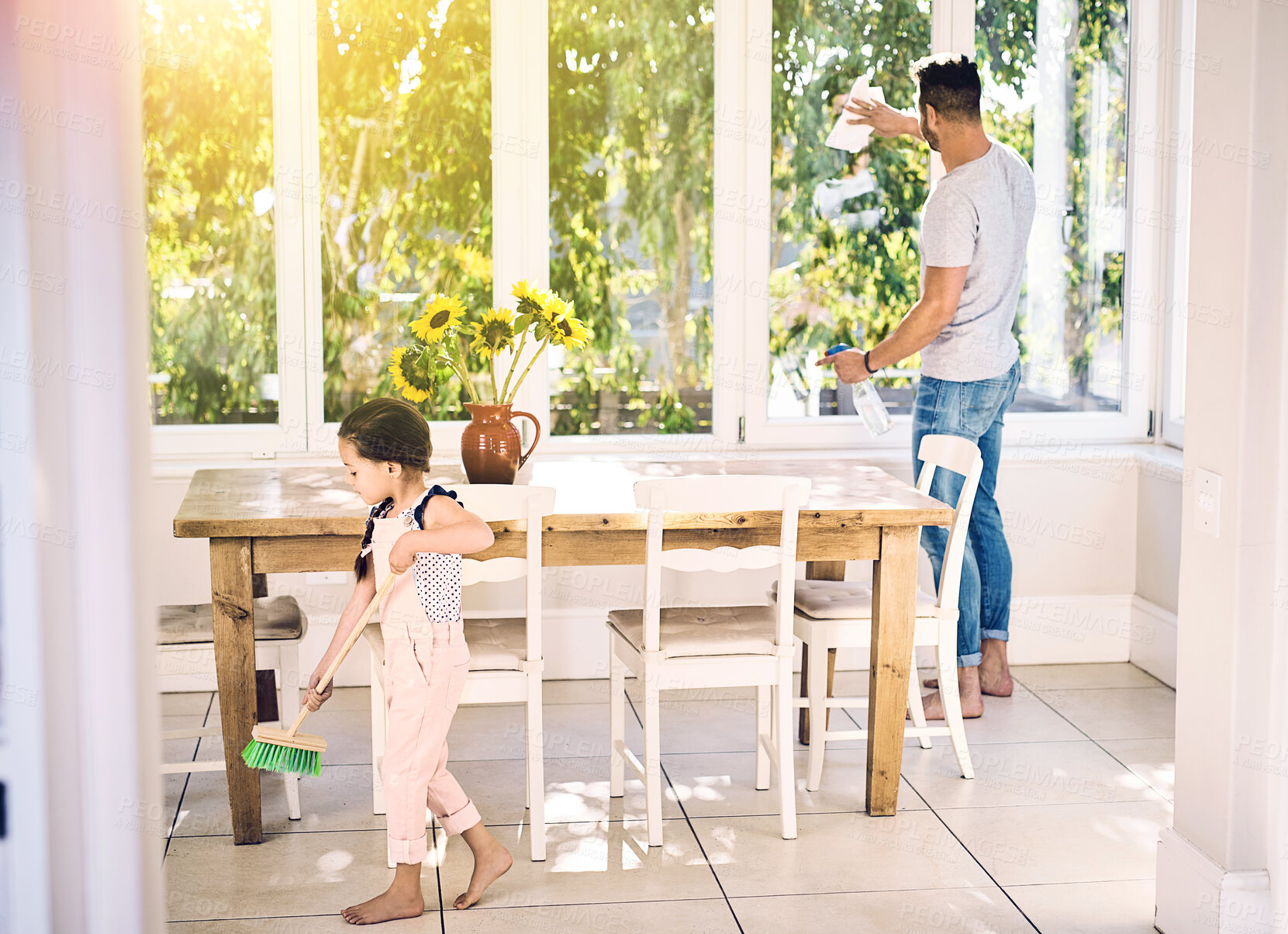 Buy stock photo Home, cleaning and father with girl, help and support with bacteria, remove dust and housekeeping. Family, dad and daughter with chore, hygiene and bonding together with care or childhood development