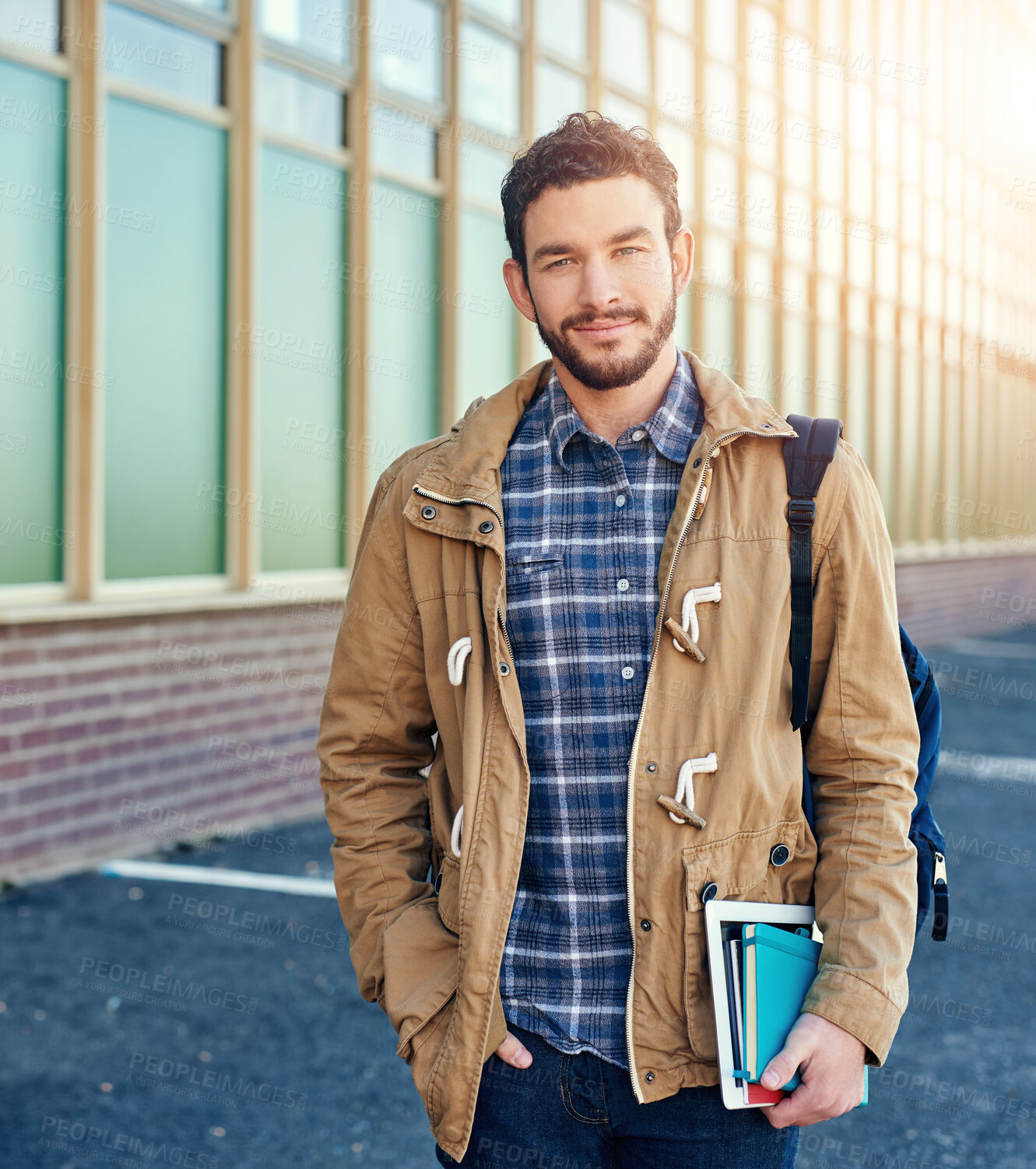 Buy stock photo Man, portrait and smile at campus for class, education and university experience with backpack. Student, face and happy outdoor for college for scholarship, learning and registration with books