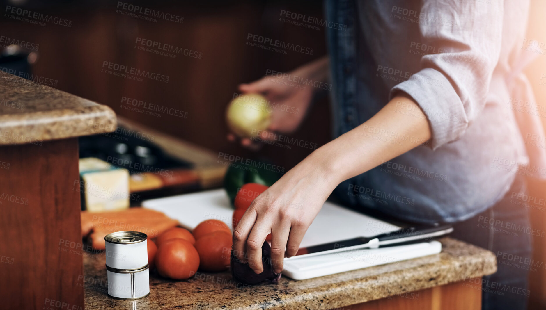 Buy stock photo Hands, cooking and vegetables on kitchen counter in home for tomato, ingredients or knife for meal prep. Person, private chef, nutritionist and chopping board for food, health or vegan diet for lunch