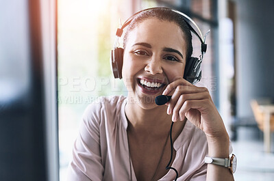 Buy stock photo Woman, portrait and mic with headphone in call centre for consulting, telemarketing and customer support agent. Smile, female advisor and headset on computer, communication and advice of sales agency