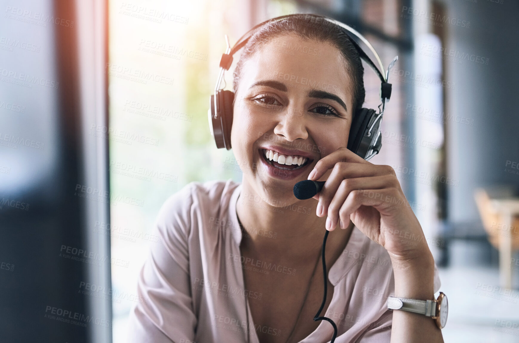 Buy stock photo Woman, portrait and mic with headphone in call centre for consulting, telemarketing and customer support agent. Smile, female advisor and headset on computer, communication and advice of sales agency