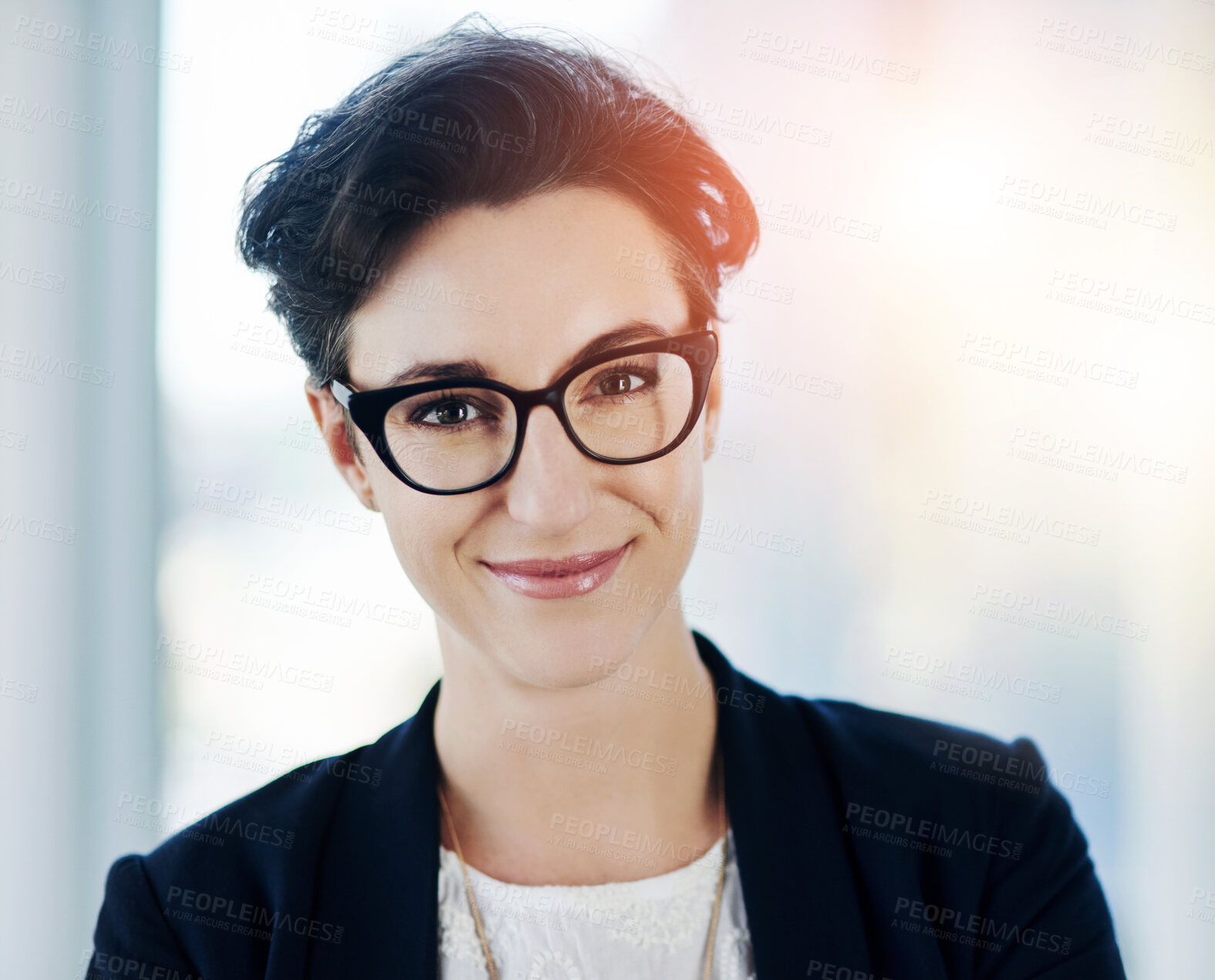 Buy stock photo Woman, smile and glasses in office with portrait for career, confidence and pride at media company. Person, employee or writer with suit, happy and job at startup in workplace at creative agency