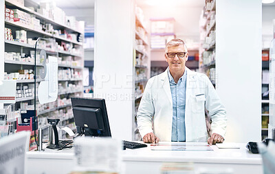 Buy stock photo Man, happiness or portrait in drug store with glasses, smile and healthcare industry or career. Male pharmacist, workplace or wellness in pharmacy with professional service, retail dispensary or job