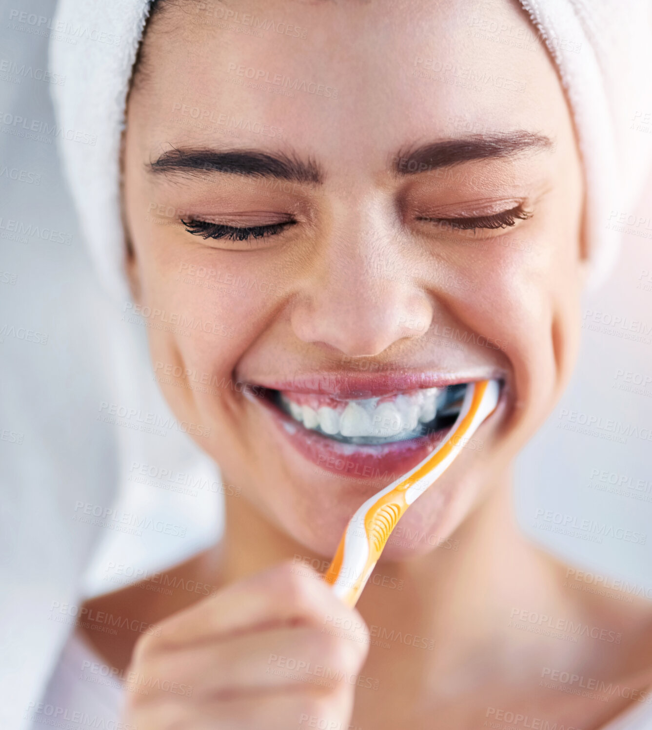 Buy stock photo Happy, woman and mouth with brushing teeth in bathroom for oral hygiene, cleaning and morning routine. Toothpaste, towel and female person with smile for fresh breath, health and dental care at home