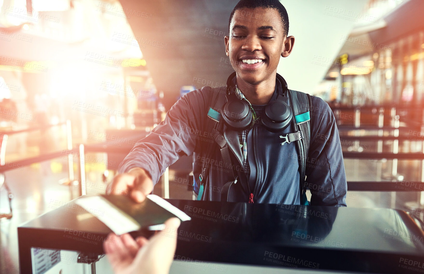 Buy stock photo Black man, airport and happy with passport at help desk for journey, travel and boarding. Female person, tourist and ticket or document as identity check on flight for holiday and adventure