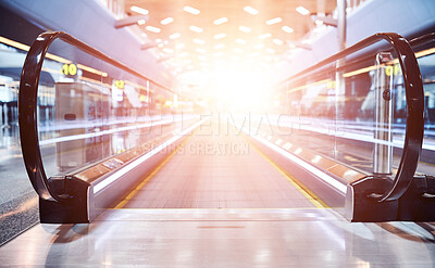 Buy stock photo Escalator, lens flare and empty airport building for morning travel, journey or stairway entrance for flight, departure or arrival. Interior, machine or moving steps at modern shopping mall or office