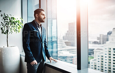 Buy stock photo Office, thinking and businessman at window with vision, insight or decision for property developer in city. Realtor, entrepreneur or man with business plan, inspiration or ideas in urban real estate 