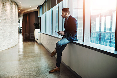 Buy stock photo Business, thinking and man with phone in airport lobby for travel, planning or social media news check. Solution, problem solving and entrepreneur at hotel with smartphone, app or email communication