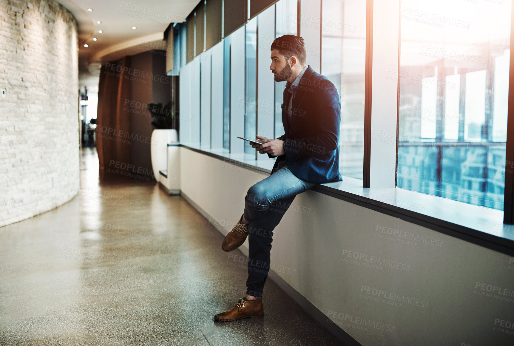 Buy stock photo Business, thinking and man with phone in airport lobby for travel, planning or social media news check. Solution, problem solving and entrepreneur at hotel with smartphone, app or email communication