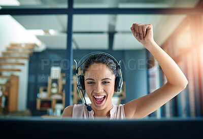 Buy stock photo Call center, wow and excited woman with winner fist in office celebration for telecom, news or sales victory. Contact us, crm and lead generation consultant smile for customer service survey success