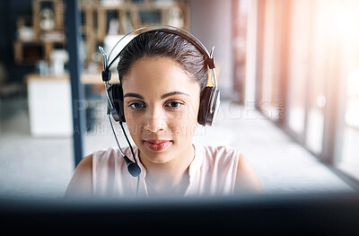 Buy stock photo Help desk, contact center and woman with headset, computer and sales person at customer service agency. Communication, telemarketing and virtual assistant on phone call at online consulting office