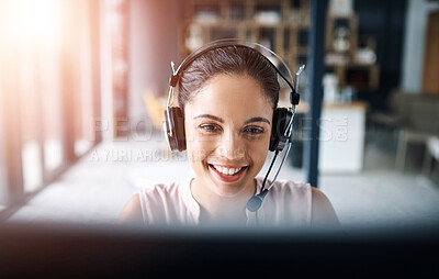 Buy stock photo Help desk, contact center and happy woman with headset, computer and sales person in customer service. Communication, telemarketing and virtual assistant on phone call at online consulting office
