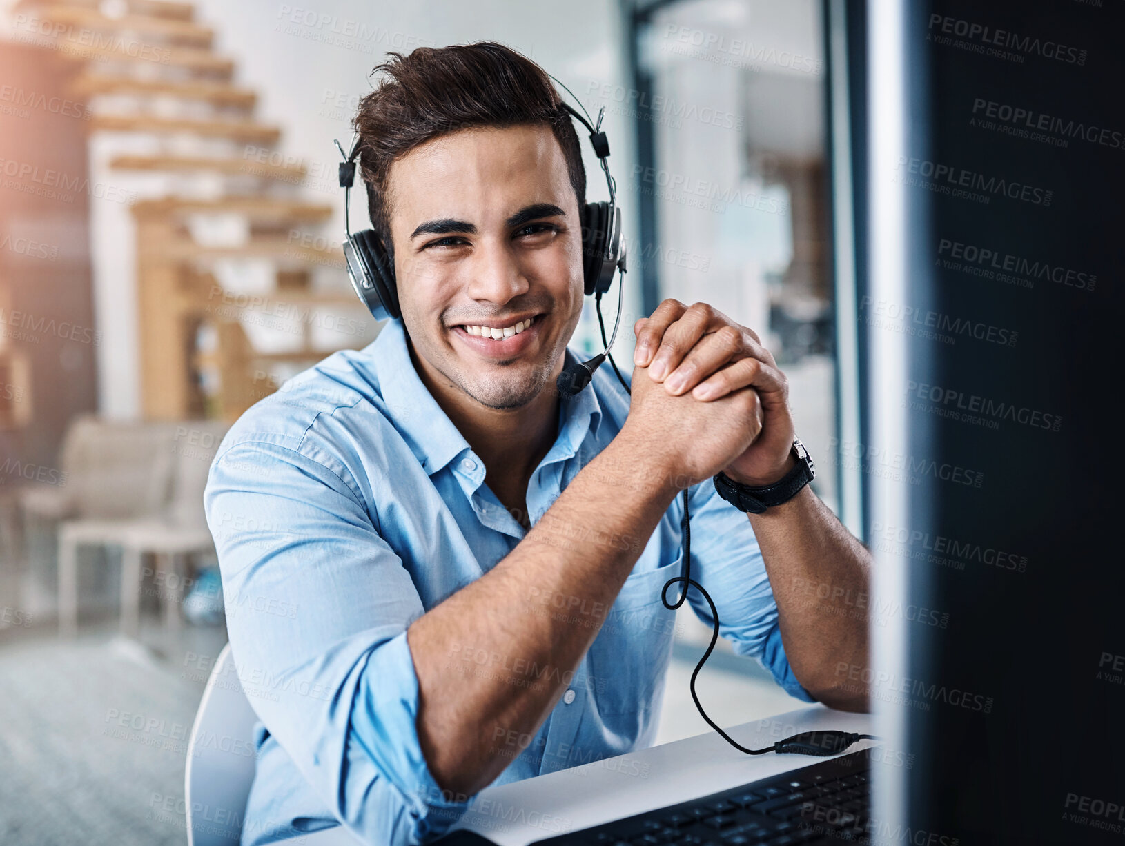 Buy stock photo Help desk, call center and portrait of man with headset, smile and lead generation at customer service agency. Tech support, telemarketing and happy virtual assistant at online consultancy office.