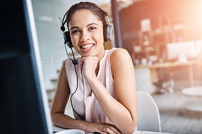 Buy stock photo Help desk, call center and portrait of woman with headset, smile and sales consultant at customer service agency. Tech support, telemarketing and happy virtual assistant girl at online crm office.