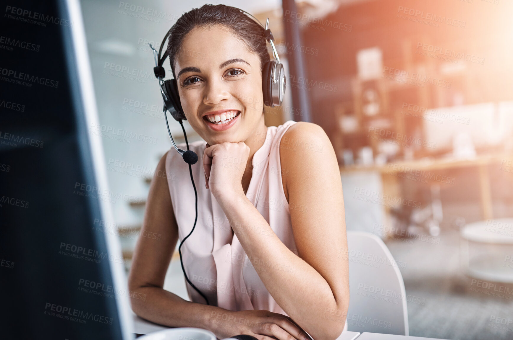 Buy stock photo Help desk, call center and portrait of woman with headset, smile and sales consultant at customer service agency. Tech support, telemarketing and happy virtual assistant girl at online crm office.