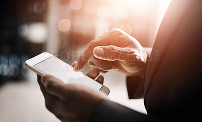 Buy stock photo Hands, business person and smartphone screen for communication, networking and connection. Mockup space, internet and online on news website for updates, report and economy with mobile app and text