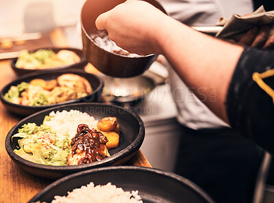 Buy stock photo Chef, dish and hands in kitchen with healthy food, plate and preparation on table in hospitality service. Professional meal prep, person and cooking at diner for order, dining and culinary experience