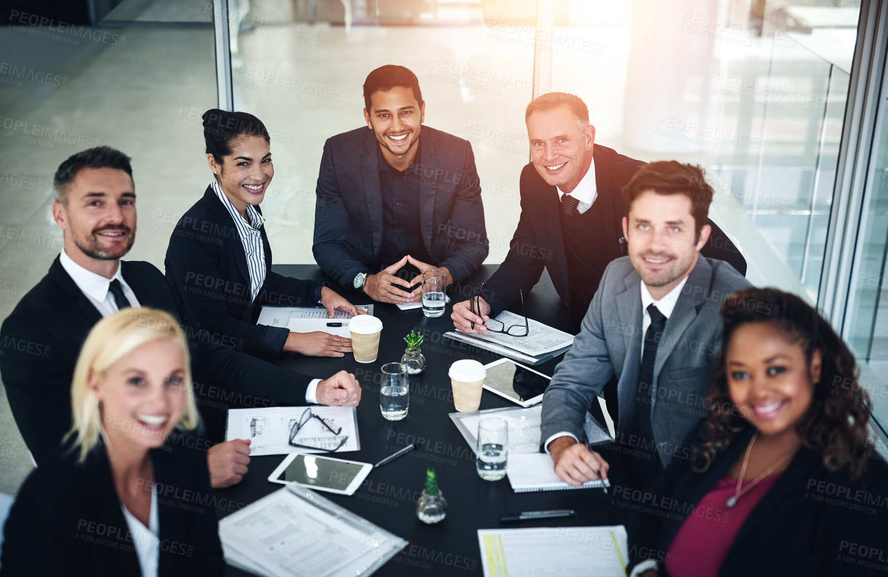 Buy stock photo Business people, confidence or portrait in meeting for teamwork, partnership or group collaboration in office. Planning, smile or proud executives for feedback, brainstorming or project in corporate