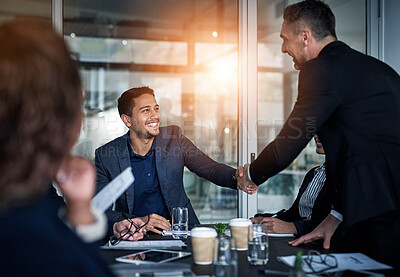 Buy stock photo Business, people and handshake in meeting office for b2b partnership, recruitment and agreement of onboarding. Smile, men and collaboration for welcome, promotion and opportunity of negotiation deal