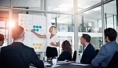 Buy stock photo Woman, presentation and whiteboard with staff in office for workflow steps, diagram and teamwork for web design. Female speaker, people and project meeting of strategy process, chart and sticky note