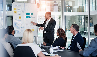 Buy stock photo Man, meeting and whiteboard with staff in office for workflow steps, diagram or teamwork for web design. Male presenter, developer and meeting of strategy process, chart and interface idea proposal