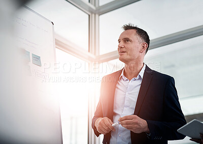 Buy stock photo Business, man and whiteboard presentation in office for leadership, teaching and for web design education. Male speaker, talking and training of information, feedback and project proposal idea
