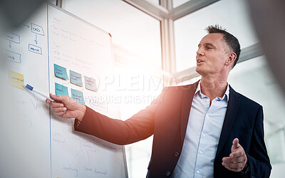 Buy stock photo Man, talking and presentation on whiteboard in office for workflow steps, diagram and information for web design. Male presenter, training and meeting of strategy process, chart and interface project