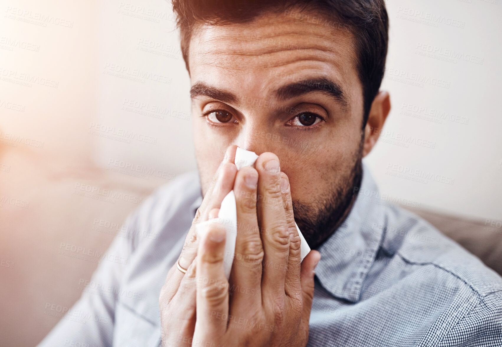 Buy stock photo Sick, home and portrait of man with tissue blowing nose for allergies, hayfever and virus infection. Healthcare, allergy season and person on sofa with illness, flu symptoms and sinusitis in morning