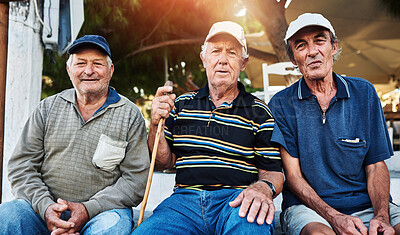 Buy stock photo Friends, nature and portrait of senior men outdoors for bonding, fresh air and relax together. Happy, retirement and people in forest, woods and countryside for weekend, vacation and adventure