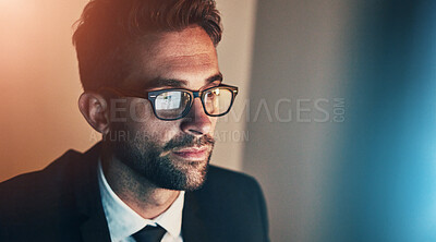 Buy stock photo Man, glasses and reflection of computer at night in office, cybersecurity and nerd for pc system. Male person, software development and planning on website in dark, programmer and online for project