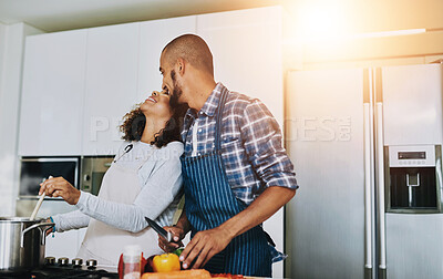 Buy stock photo Couple, love and cooking in kitchen at house for romantic dinner, happy and date with laughter. People, relationship and meal prep in home for bonding, wellness or eating food together with vegetable