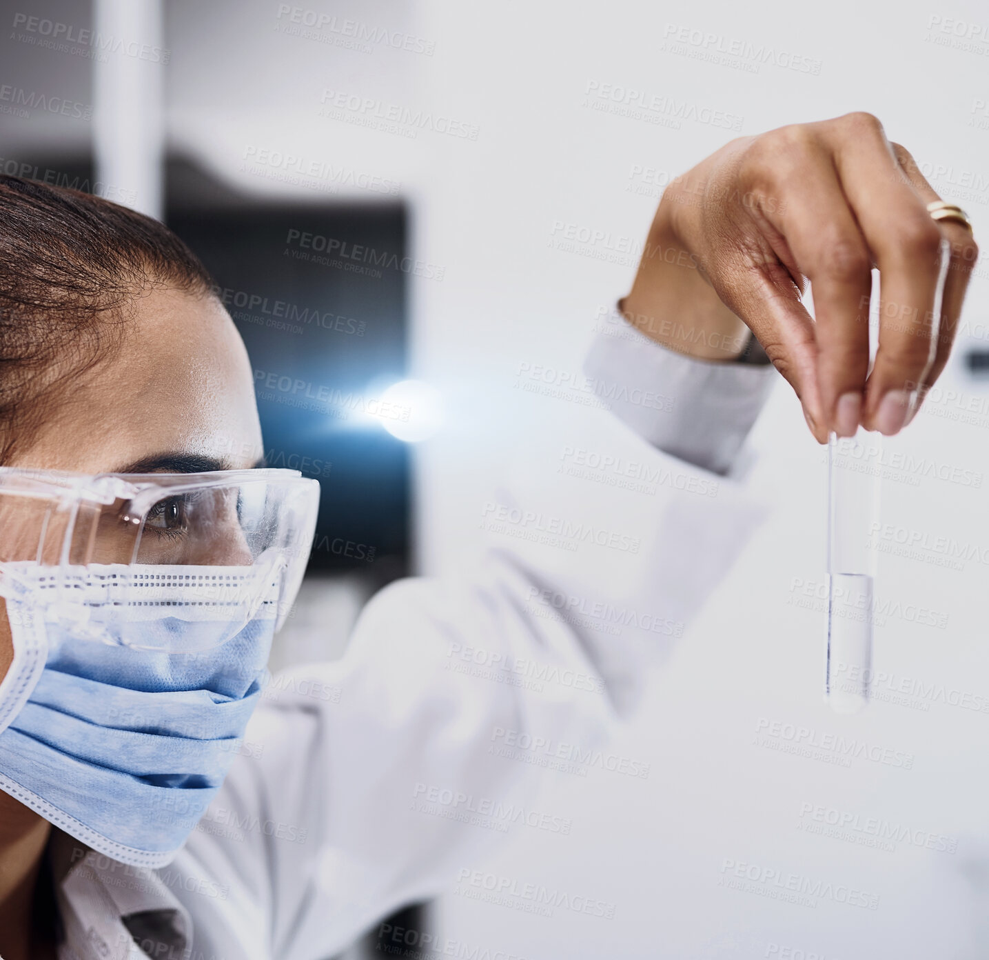 Buy stock photo Sample, science and face of woman in laboratory with test tube for discovery, experiment or reaction. Goggles, hand or mask and scientist with fluid in glass for innovation, medicine or research