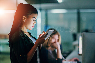 Buy stock photo Night, business people and woman with tablet, typing and research for article, social media and email. Evening, journalist and writer with tech, digital app for news update and connection for website