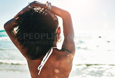 Buy stock photo Woman, beach and back for relax and holiday, hair and waves for tropical vacation. Swimsuit, ocean and adventure on island of Bali for swim, summer and sunshine for travel getaway on coast with water