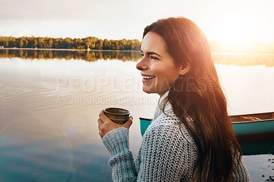 Buy stock photo Woman, lake and smile with coffee in morning, happy and relax for holiday in nature. Sunrise, camping and drink for caffeine on river for vacation in Germany, female person and sunshine in Autumn