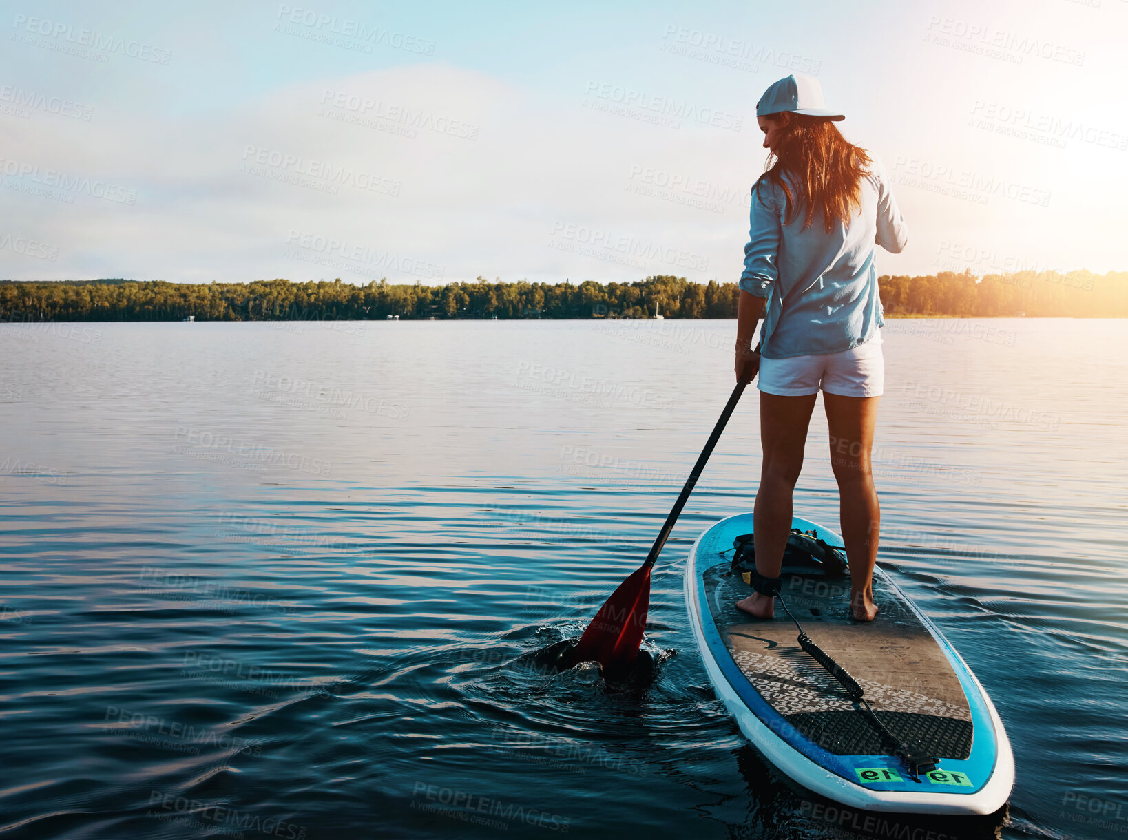 Buy stock photo Back, woman and lake for paddleboard on holiday with adventure, recreation and fun in Bali. Female person, explore and travel for summer vacation, journey and break to relax with fitness activity
